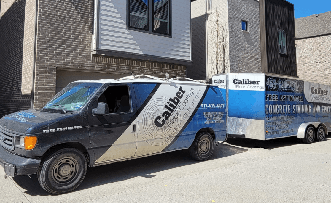 Caliber Floor Coatings van and trailer parked outside a Dallas townhome